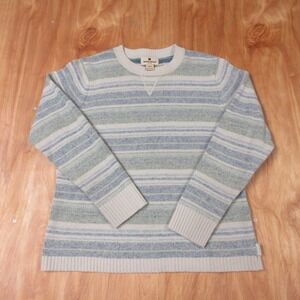 WOOLRICH Lambs Wool Striped Crew Neck Sweater Sz L Blue Grn Beige Knit Pullover